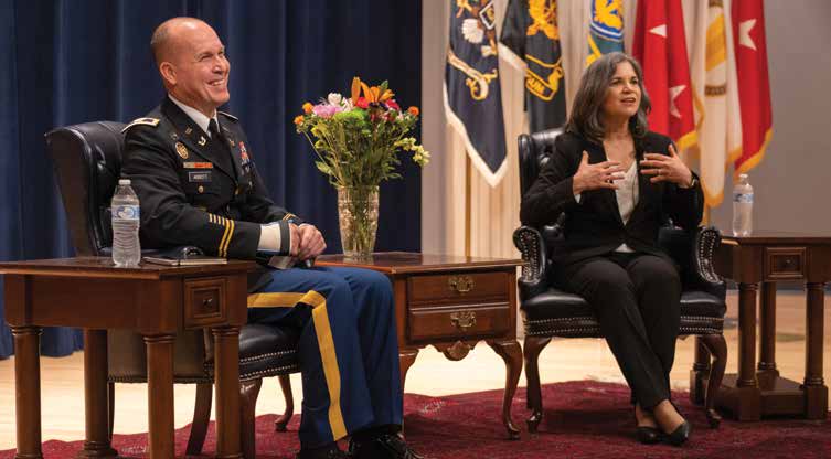 LTG (R) Flora D. Darpino engaged in mentorship with the 71st Graduate Course in a Q&A session with COL Robert J. Abbott, Director of the Leadership Center. (Credit: Billie Suttles, TJAGLCS)
